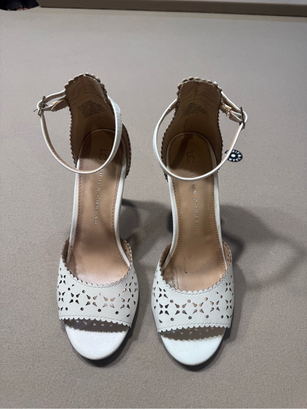 LC Lauren Conrad White Scalloped Perforated Ankle-Strap Heels